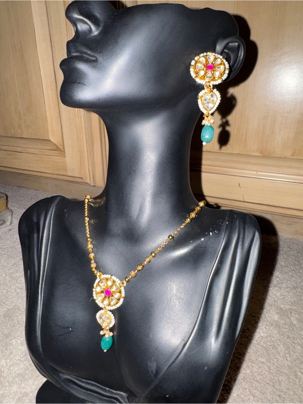 Gold-Tone Floral Pendant Necklace with Green Teardrop Accent